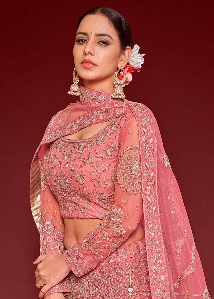 3 Pc Pink Semi Stitched Pure Net Lehenga Set - Indian Silk House Agencies