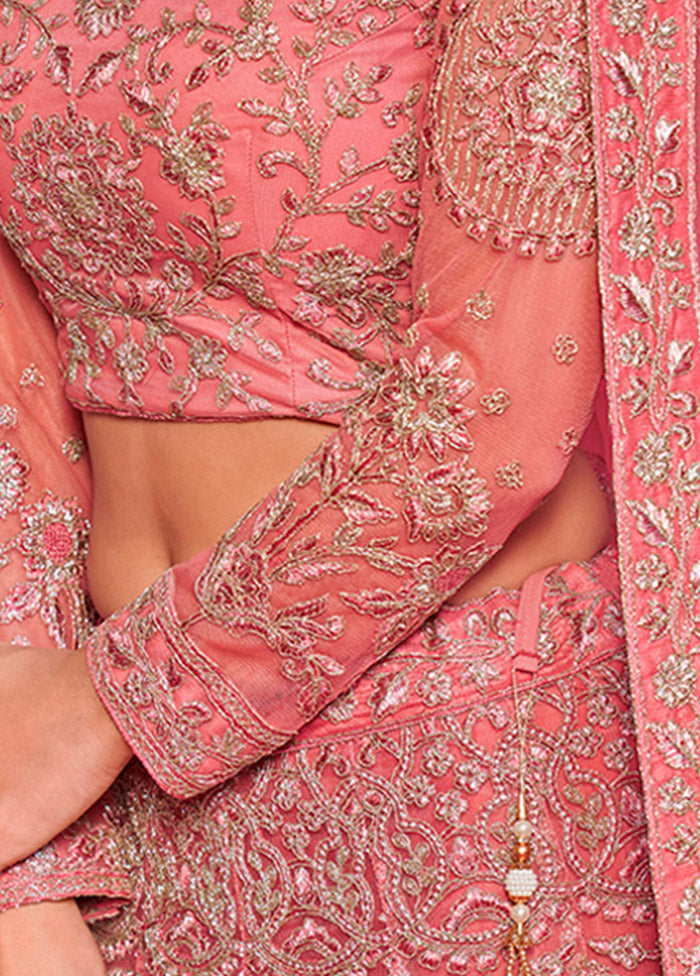 3 Pc Pink Semi Stitched Pure Net Lehenga Set - Indian Silk House Agencies
