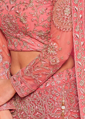 3 Pc Pink Semi Stitched Pure Net Lehenga Set - Indian Silk House Agencies