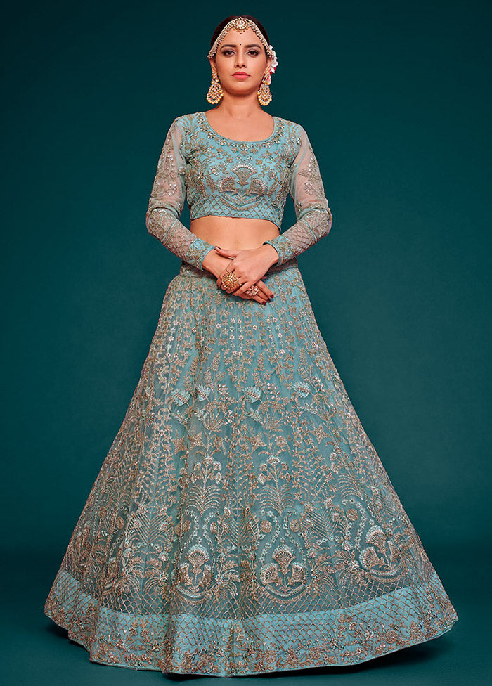 3 Pc Sky Blue Semi Stitched Pure Net Lehenga Set - Indian Silk House Agencies