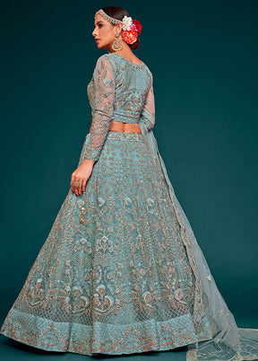 3 Pc Sky Blue Semi Stitched Pure Net Lehenga Set - Indian Silk House Agencies