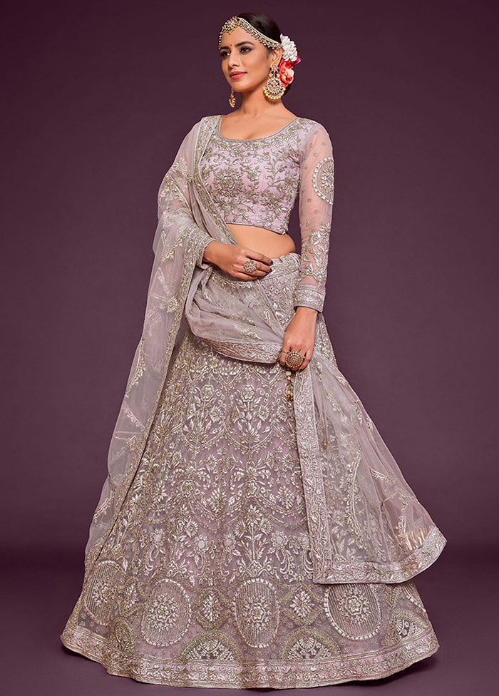 3 Pc Lavender Semi Stitched Pure Net Lehenga Set - Indian Silk House Agencies