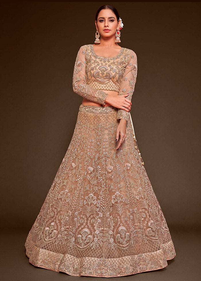 3 Pc Beige Semi Stitched Pure Net Lehenga Set - Indian Silk House Agencies