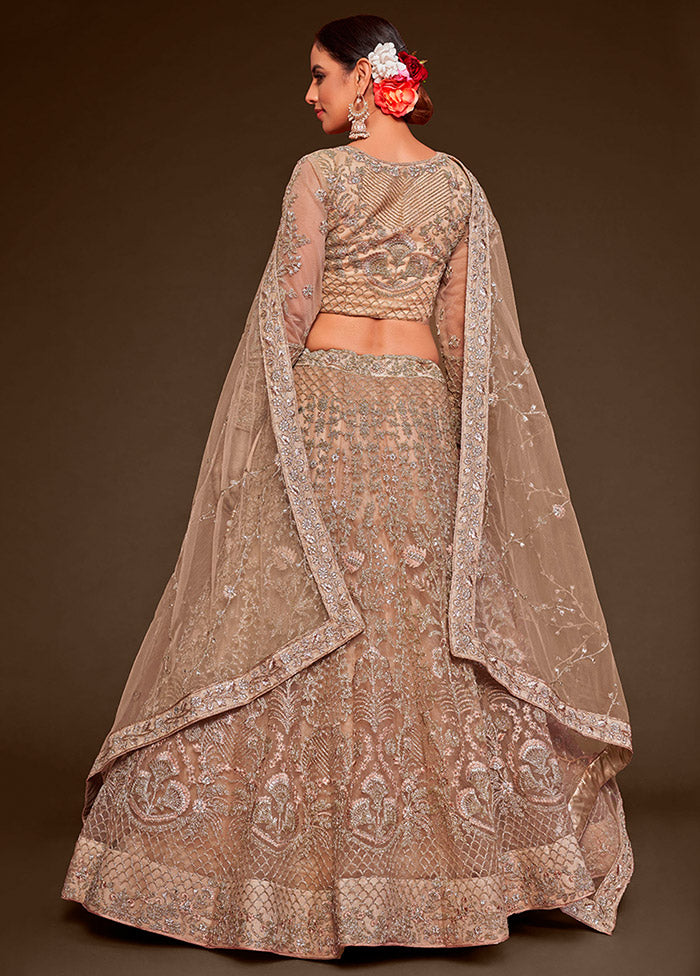 3 Pc Beige Semi Stitched Pure Net Lehenga Set - Indian Silk House Agencies