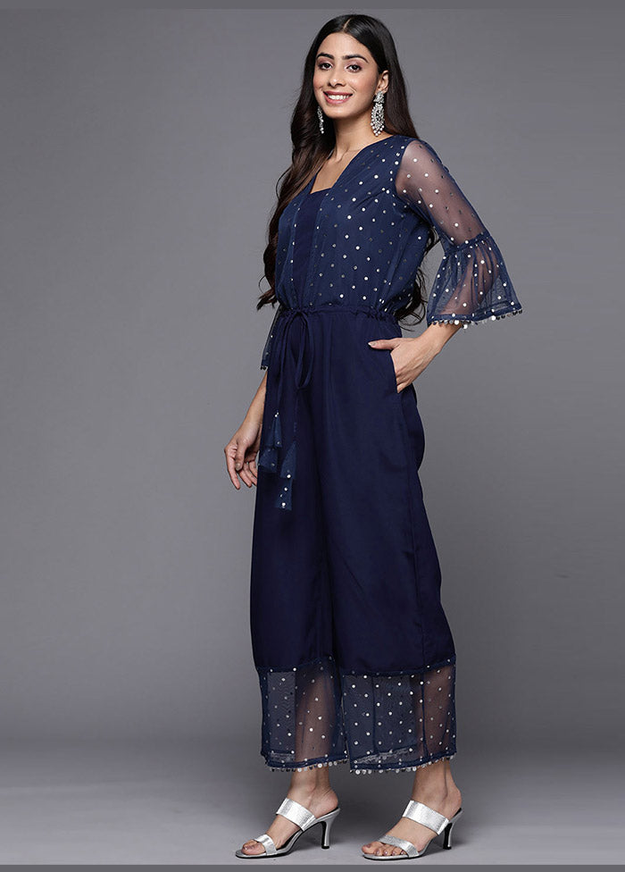 Navy Blue Net Printed Jumpsuit Set VDKSH02062085 - Indian Silk House Agencies