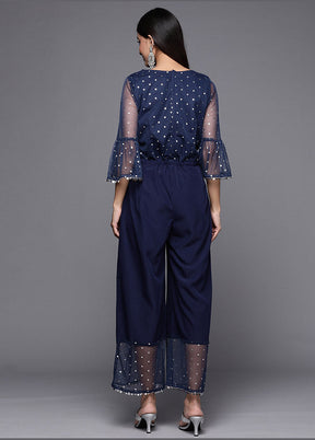 Navy Blue Net Printed Jumpsuit Set VDKSH02062085 - Indian Silk House Agencies