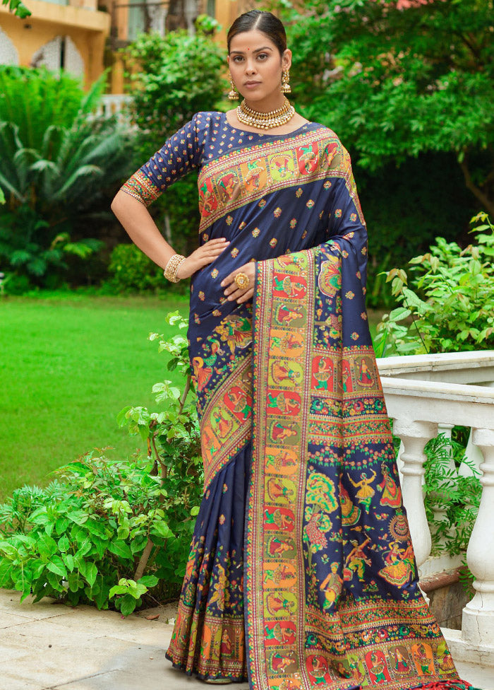 Navy Blue Spun Silk Saree With Blouse Piece - Indian Silk House Agencies