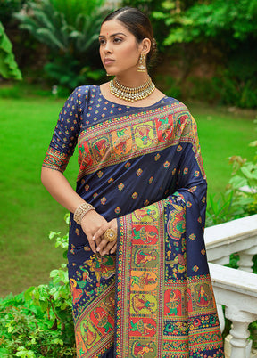 Navy Blue Spun Silk Saree With Blouse Piece - Indian Silk House Agencies