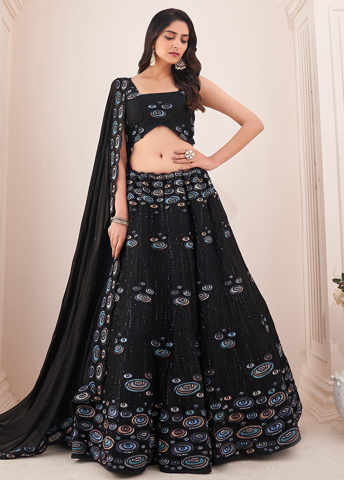 3 Pc Black Semi Stitched Pure Georgette Lehenga Set - Indian Silk House Agencies