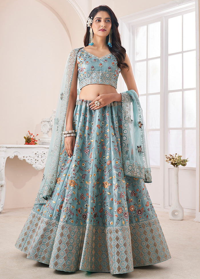 3 Pc Sky Blue Semi Stitched Pure Silk Lehenga Set - Indian Silk House Agencies