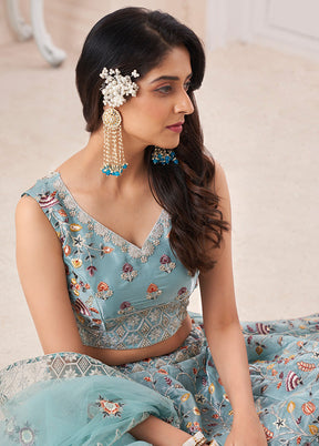 3 Pc Sky Blue Semi Stitched Pure Silk Lehenga Set - Indian Silk House Agencies