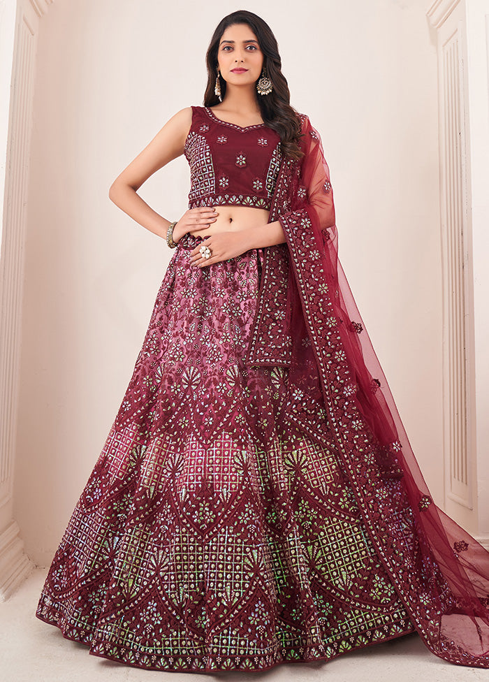 3 Pc Burgundy Semi Stitched Pure Net Lehenga Set - Indian Silk House Agencies