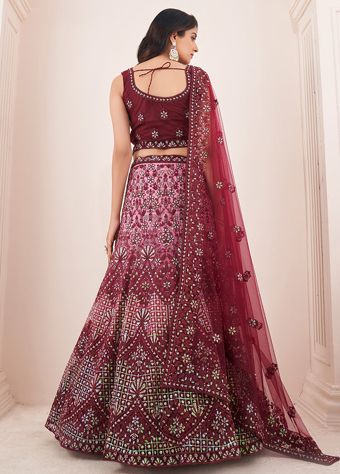 3 Pc Burgundy Semi Stitched Pure Net Lehenga Set - Indian Silk House Agencies