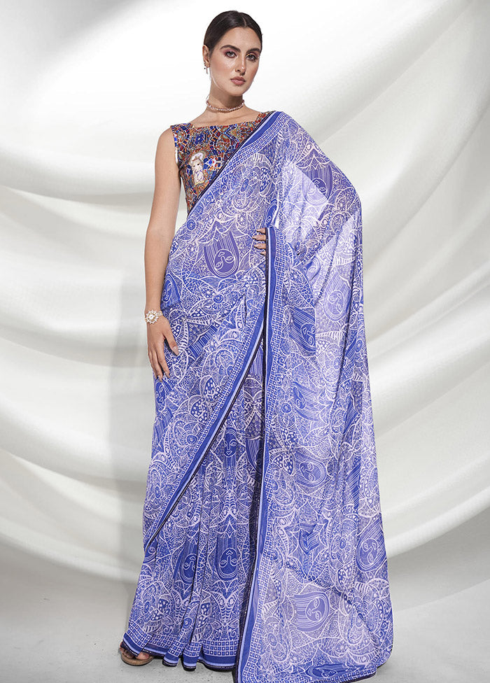 Blue Chiffon Silk Saree With Blouse Piece - Indian Silk House Agencies