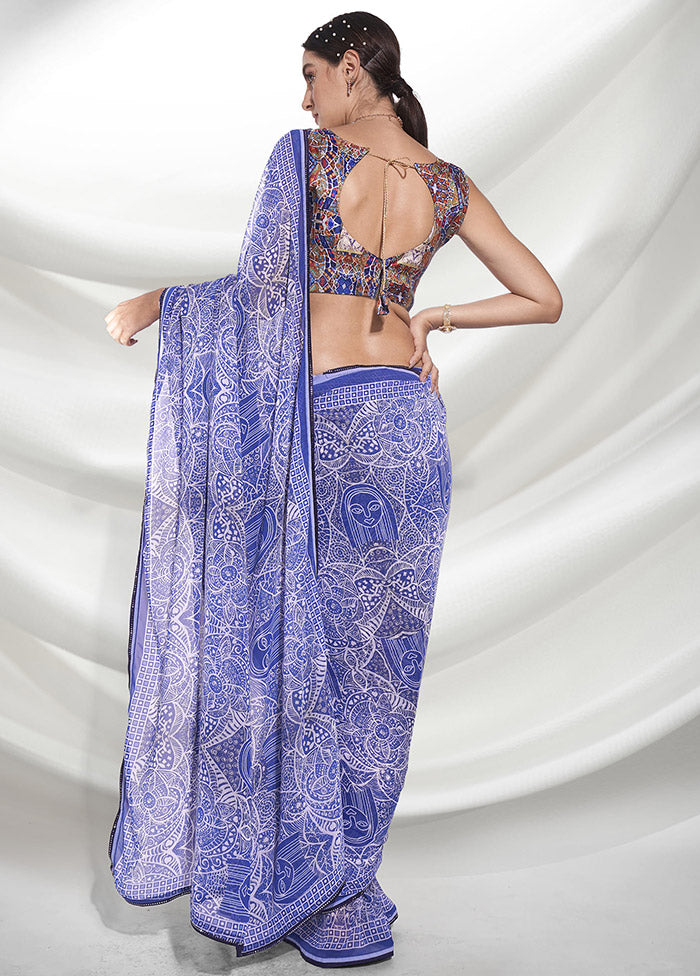 Blue Chiffon Silk Saree With Blouse Piece - Indian Silk House Agencies