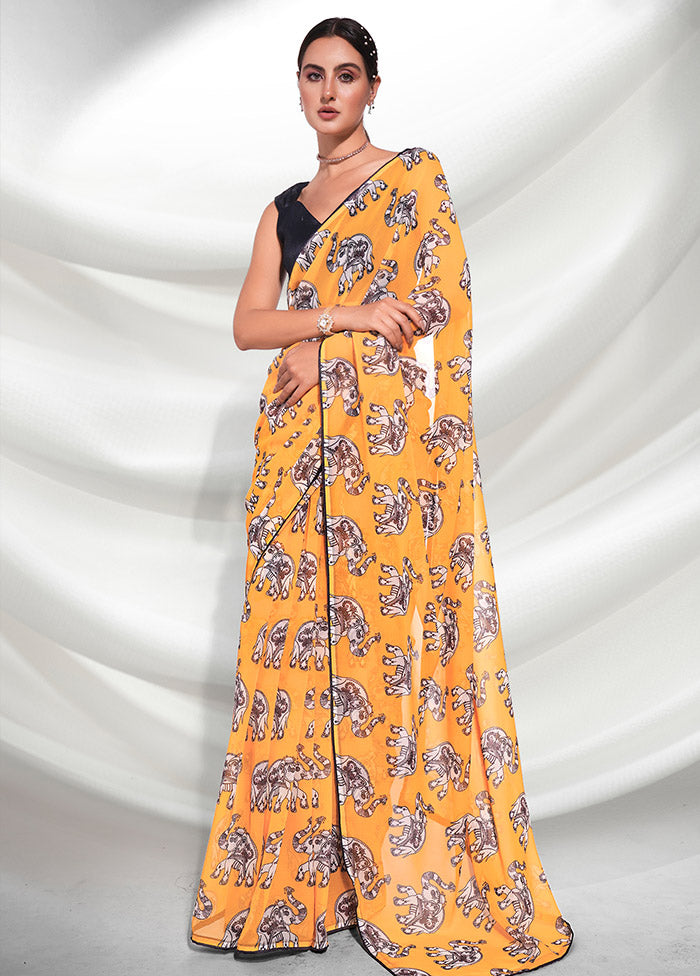 Mustard Chiffon Silk Saree With Blouse Piece - Indian Silk House Agencies