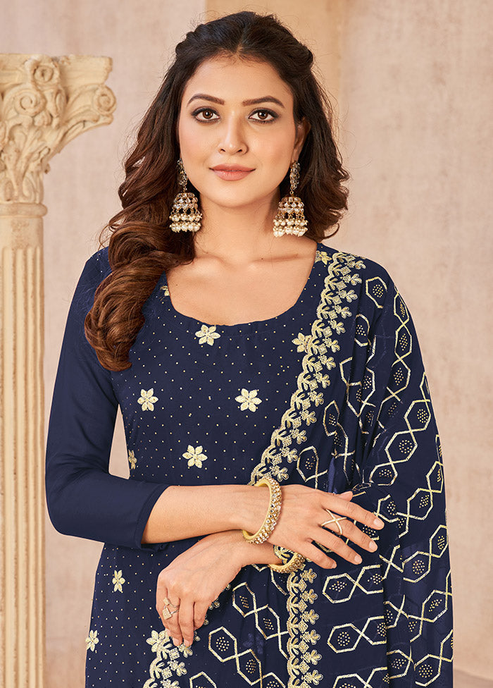 3 Pc Blue Semi Stitched Georgette Suit Set VDKSH16062101 - Indian Silk House Agencies