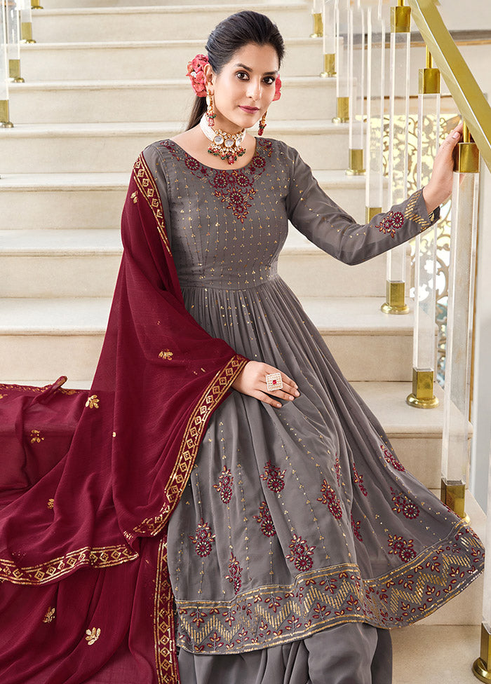 3 Pc Grey Readymade Georgette Sharara Suit Set VDKSH19062081 - Indian Silk House Agencies