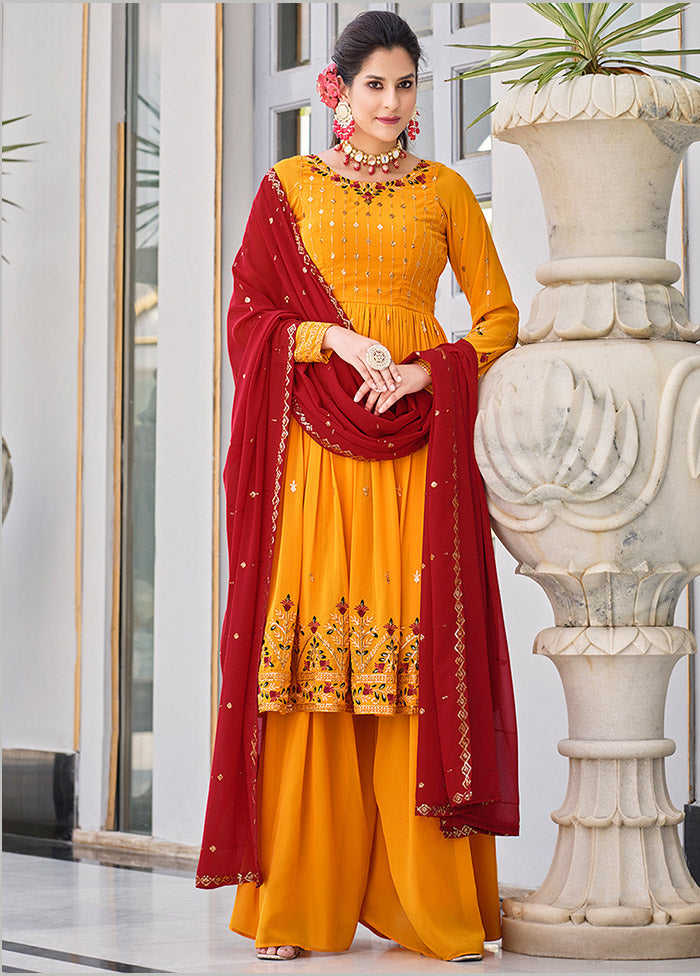 3 Pc Mustard Readymade Georgette Sharara Suit Set VDKSH19062084 - Indian Silk House Agencies