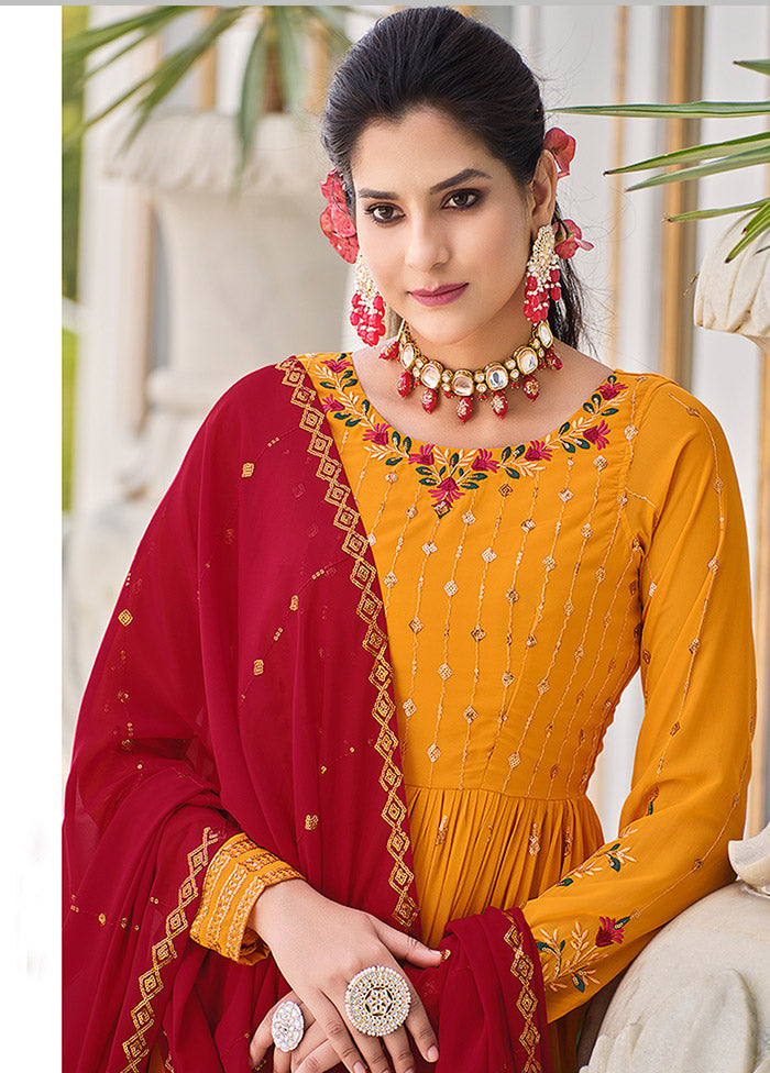 3 Pc Mustard Readymade Georgette Sharara Suit Set VDKSH19062084 - Indian Silk House Agencies