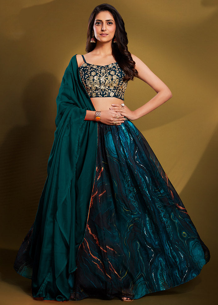 3 Pc Teal Organza Semi Stitched Lehenga Set - Indian Silk House Agencies