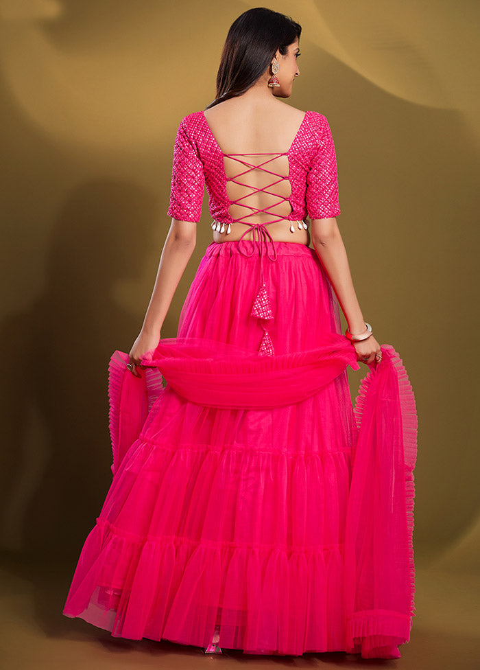 3 Pc Pink Net Semi Stitched Lehenga Set - Indian Silk House Agencies