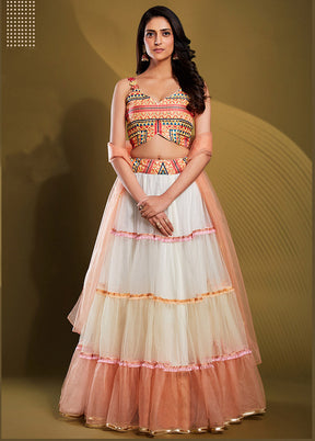 3 Pc White Net Semi Stitched Lehenga Set - Indian Silk House Agencies