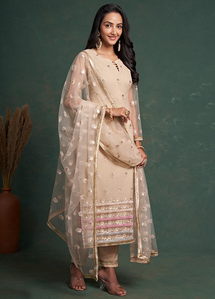 3 Pc Beige Semi Stitched Net Suit Set VDKSH19062068 - Indian Silk House Agencies