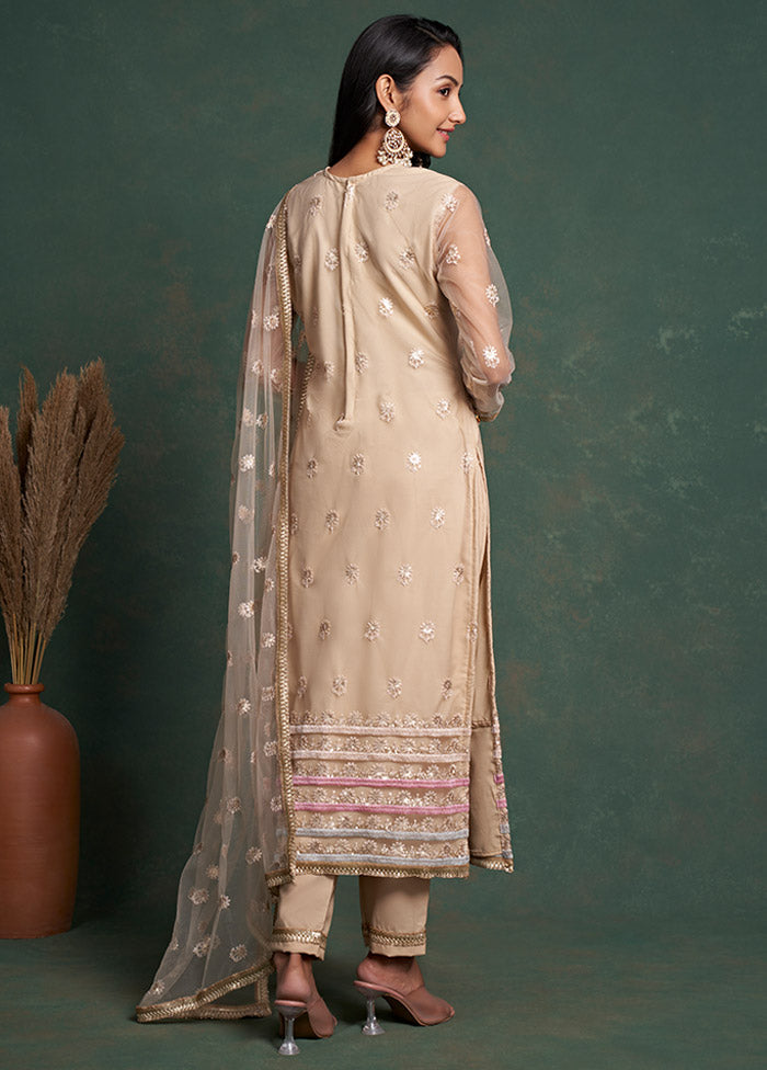 3 Pc Beige Semi Stitched Net Suit Set VDKSH19062068 - Indian Silk House Agencies