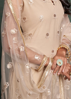 3 Pc Beige Semi Stitched Net Suit Set VDKSH19062068 - Indian Silk House Agencies