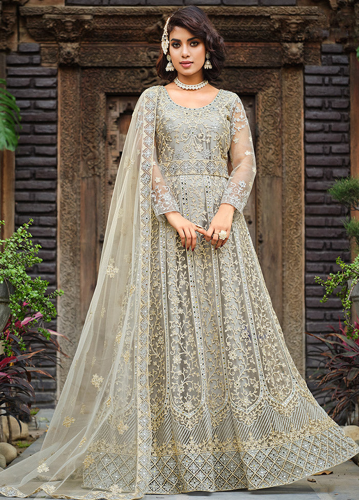 3 Pc Grey Net Semi Stitched Lehenga Set - Indian Silk House Agencies