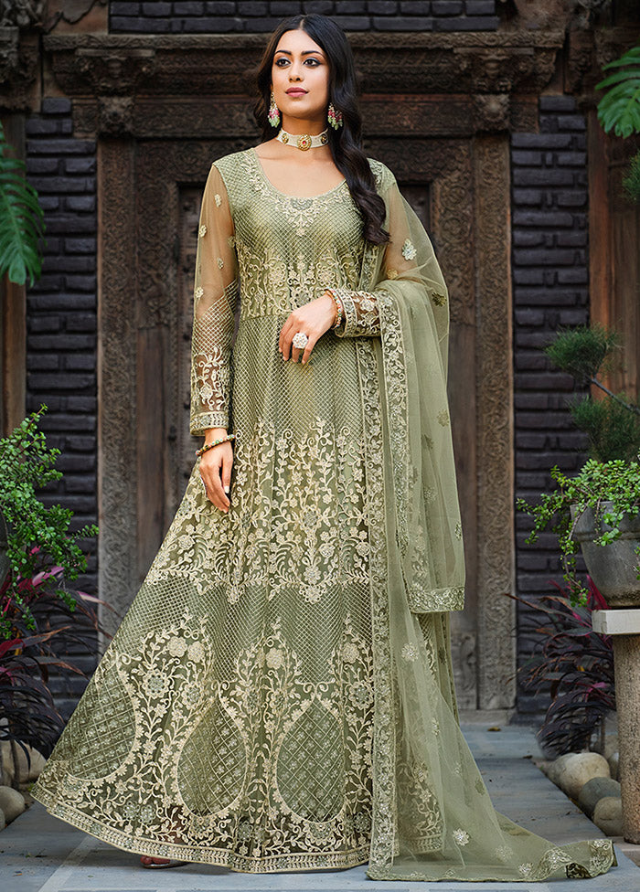 3 Pc Pista Green Net Semi Stitched Lehenga Set - Indian Silk House Agencies