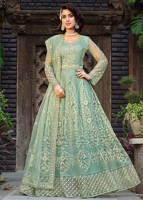 3 Pc Sea Green Net Semi Stitched Lehenga Set - Indian Silk House Agencies