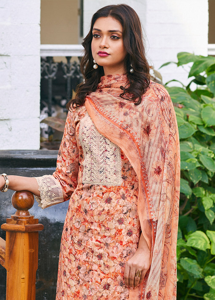 3 Pc Peach Unstitched Pure Cotton Suit Set VDKSH19062101 - Indian Silk House Agencies