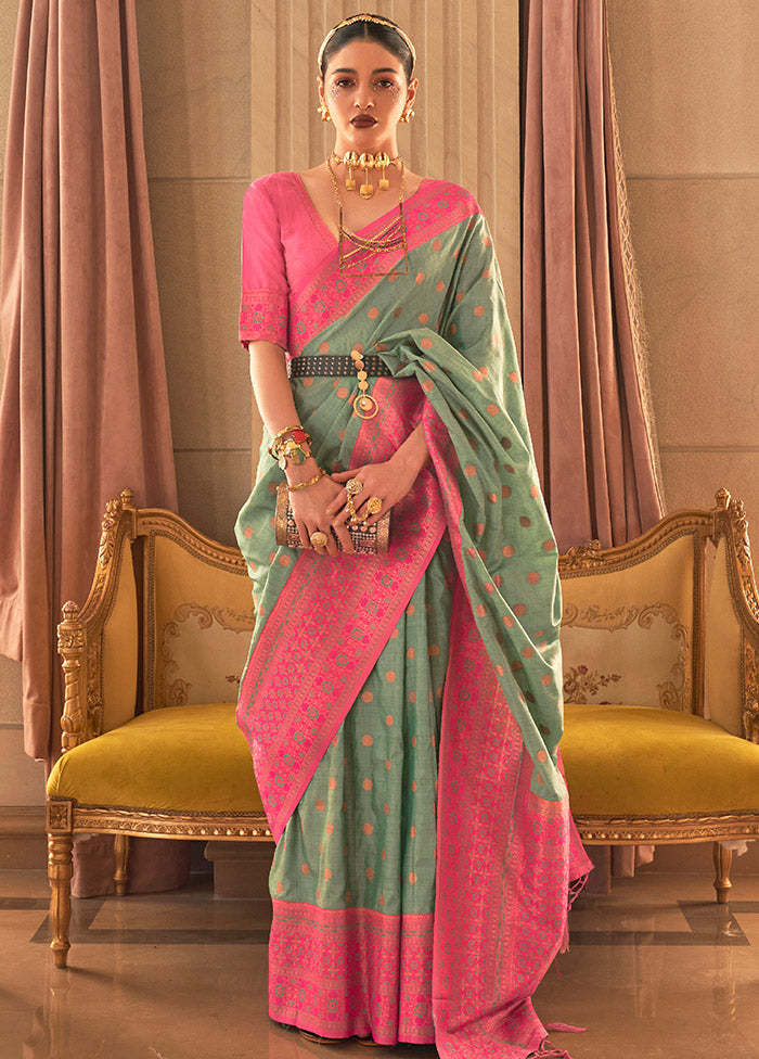 Green Spun Silk Saree With Blouse Piece - Indian Silk House Agencies