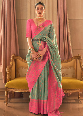 Green Spun Silk Saree With Blouse Piece - Indian Silk House Agencies