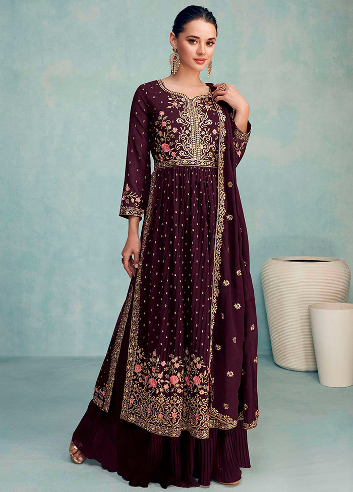 3 Pc Wine Readymade Georgette Suit Set VDKSH29062116 - Indian Silk House Agencies