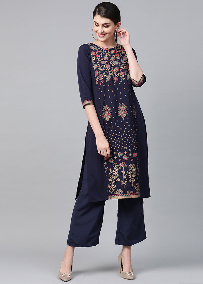 2 Pc Navy Blue Readymade Crepe Straight Kurti Set VDKSH29062095 - Indian Silk House Agencies