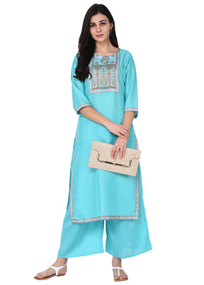 2 Pc Sky Blue Readymade Silk Straight Kurti Set VDKSH29062096 - Indian Silk House Agencies