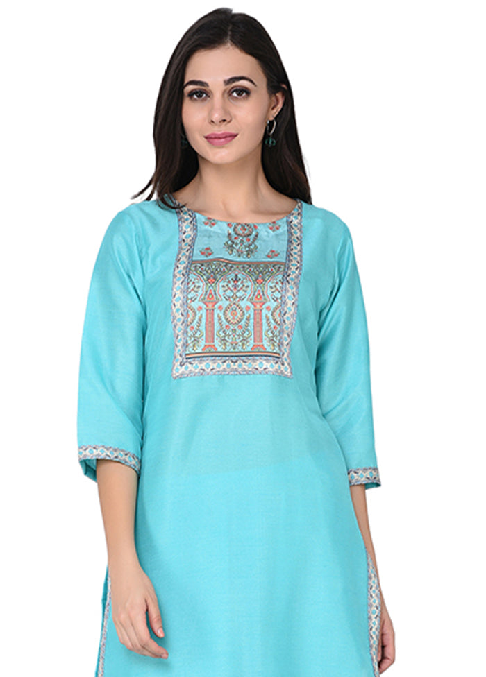 2 Pc Sky Blue Readymade Silk Straight Kurti Set VDKSH29062096 - Indian Silk House Agencies