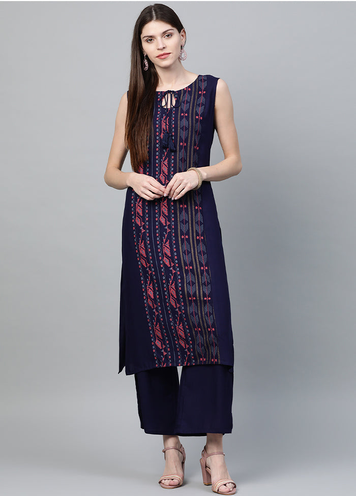 2 Pc Navy Blue Readymade Rayon Straight Kurti Set VDKSH29062085 - Indian Silk House Agencies