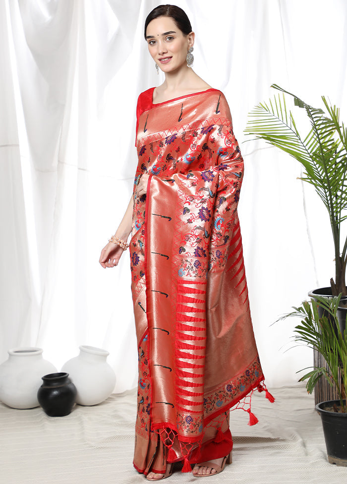 Red Spun Silk Saree With Blouse Piece - Indian Silk House Agencies