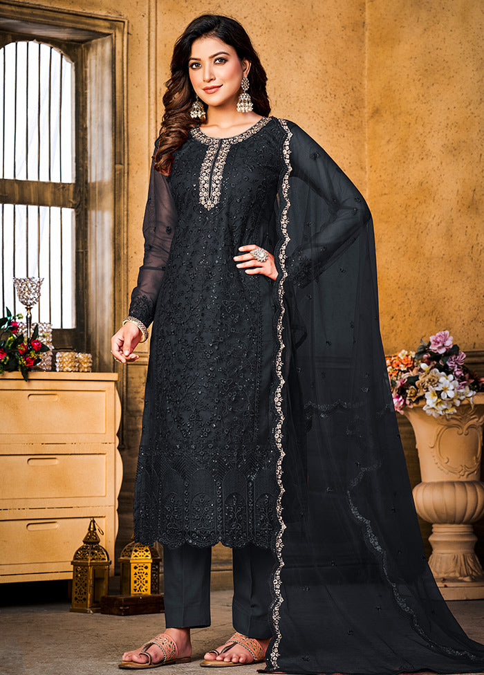 3 Pc Black Semi Stitched Net Suit Set VDKSH11072076 - Indian Silk House Agencies