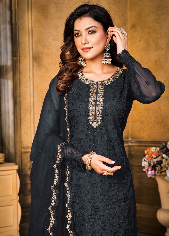 3 Pc Black Semi Stitched Net Suit Set VDKSH11072076 - Indian Silk House Agencies