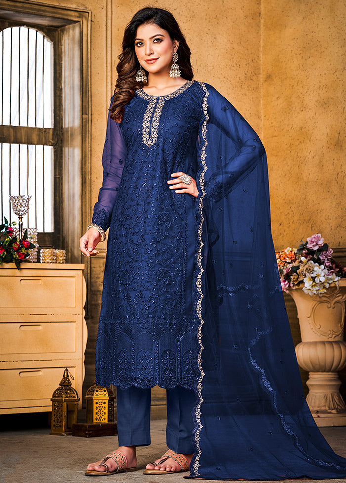 3 Pc Blue Semi Stitched Net Suit Set VDKSH11072078 - Indian Silk House Agencies