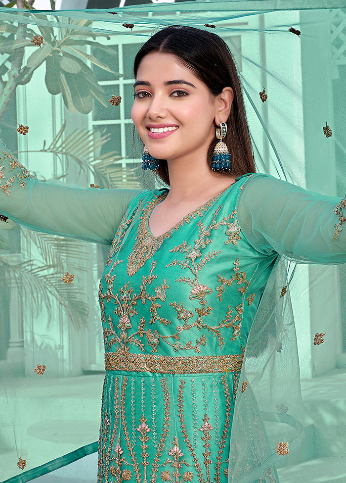 3 Pc Sea Green Semi Stitched Net Anarkali Suit Set VDKSH11072066 - Indian Silk House Agencies