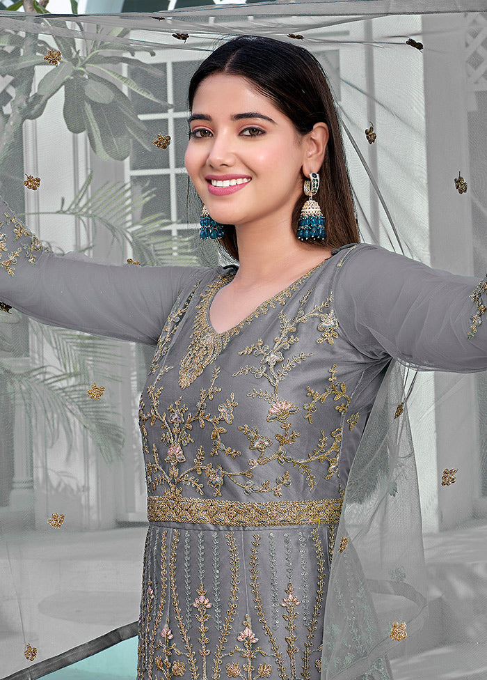 3 Pc Grey Semi Stitched Net Anarkali Suit Set VDKSH11072067 - Indian Silk House Agencies