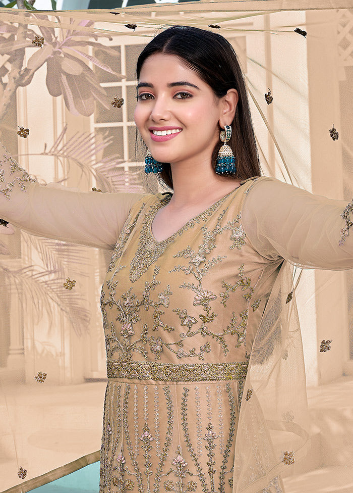 3 Pc Beige Semi Stitched Net Anarkali Suit Set VDKSH11072068 - Indian Silk House Agencies