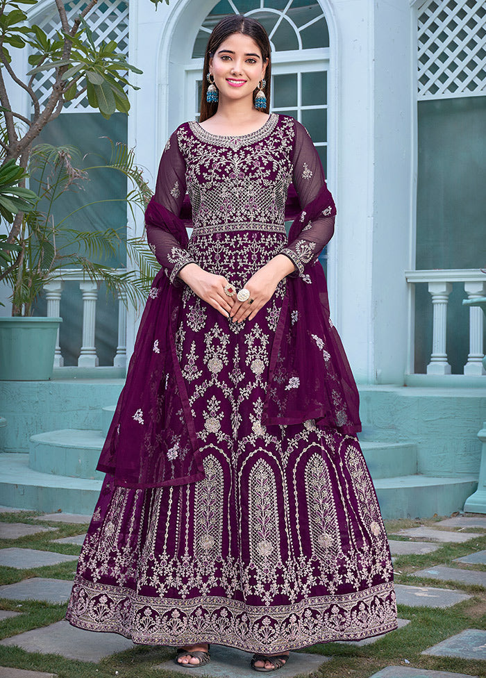 3 Pc Purple Semi Stitched Net Anarkali Suit Set VDKSH11072065 - Indian Silk House Agencies