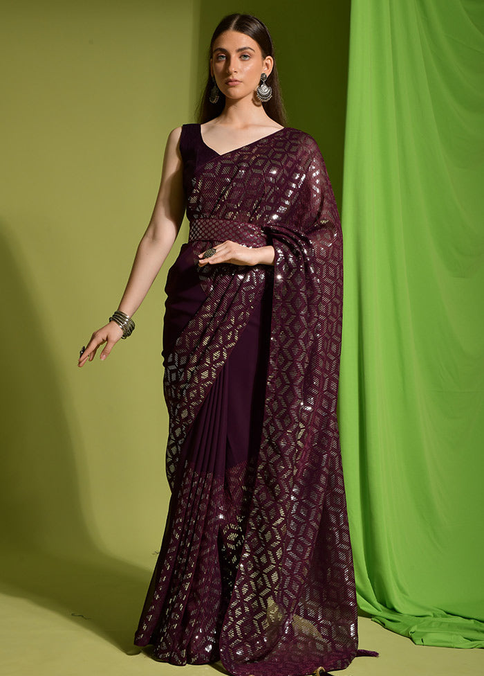 Wine Georgette Saree With Blouse Piece